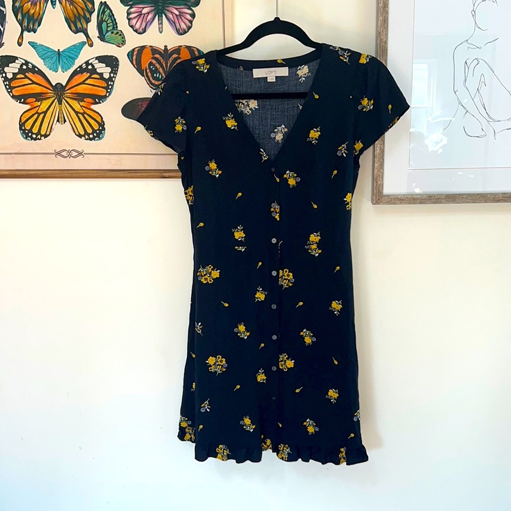 Beautiful dark navy blue button down floral dress